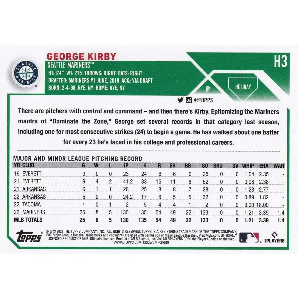 2023 Topps Holiday George Kirby H3 Seattle Mariners
